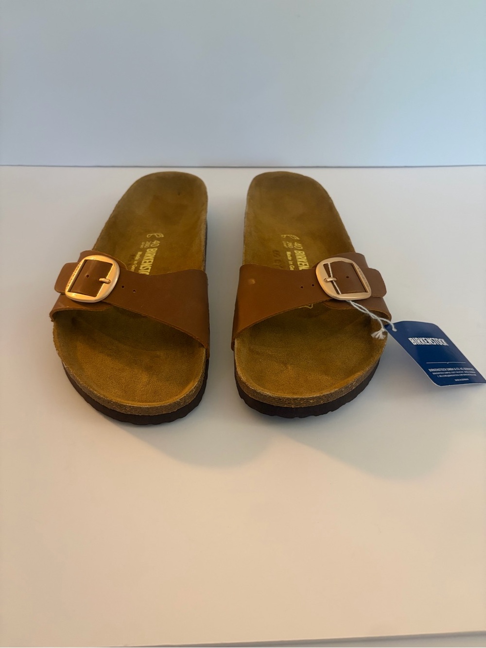 NWT Birkenstocks Madrid, Rose gold buckle with cognac Brown birko flor W9 eu. 40